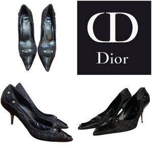 Christian Dior Monogram Heels 36 Black Logo Canvas Leather Pointed Toe Pumps